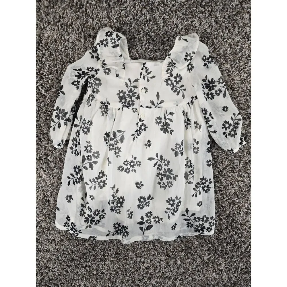 Carters Baby Girls Sz 12M Long Sleeve Dress Black White Floral Chiffon